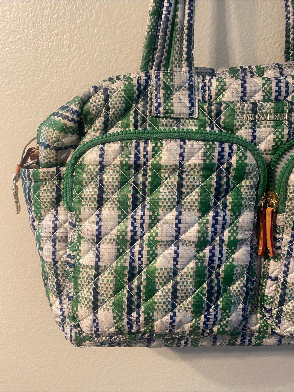 MZ Wallace Spring Plaid Gren Blue Quilted Nik Duffel Travel Bag - Picture 7 of 14
